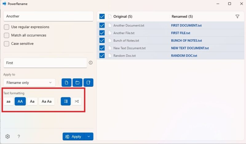 Changing formatting with PowerRename.