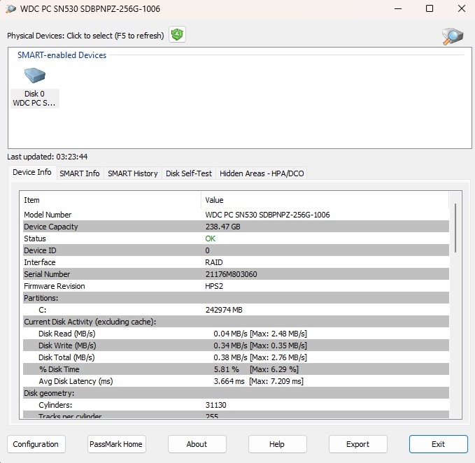 Checking SMART info via DiskCheckup.