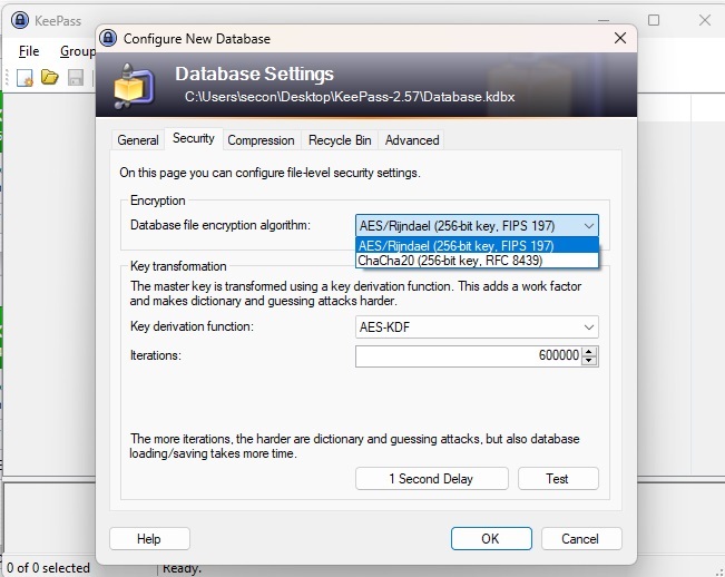 Setting up database encryption in KeePass