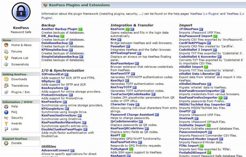 Available KeePass plugins