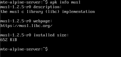 A terminal showing the version of musl that Alpine Linux uses.