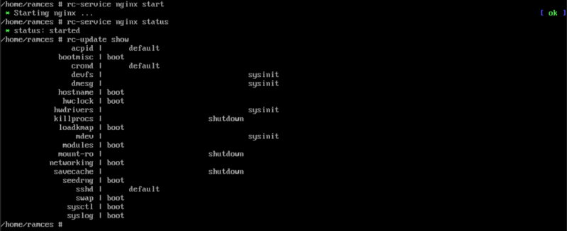 A terminal showing the different OpenRC commands for managing and checking services.