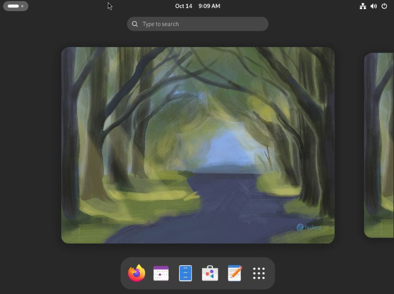 A screenshot showing the default desktop screen for Fedora 40.