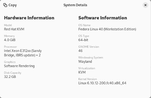 A screenshot showing the system information of my Fedora viritual machine.