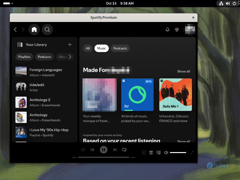 A screenshot showing the Spotify desktop client running in Fedora.