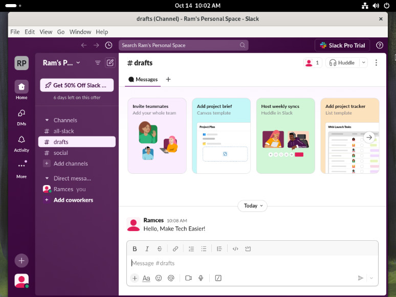 A screenshot showing the Slack desktop client running on Fedora 40.
