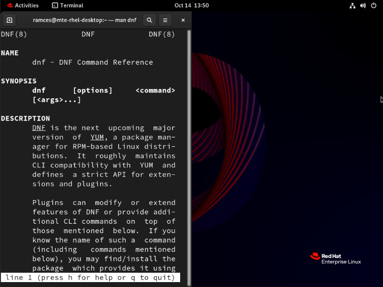 A screenshot showing the DNF manual page in RHEL 9.