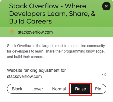 A screenshot highlighting the option to "raise" ranking of a website for your personal Kagi account.