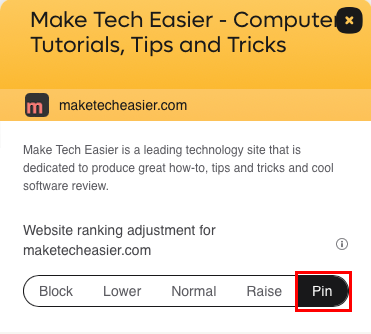 A screenshot highlighting the "pin" option for Kagi's internal search algorithm.