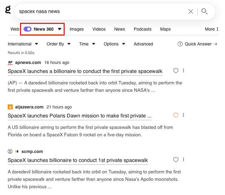 A screenshot showing Kagi's "News 360" filter running properly.