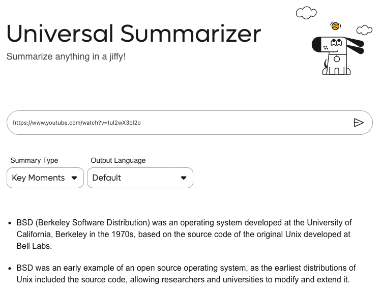 A screenshot showing a demostration of Kagi's Universal Summarizer feature.
