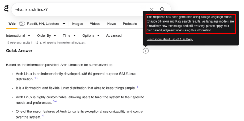 A screenshot showing an example of a search query that uses Kagi's AI.