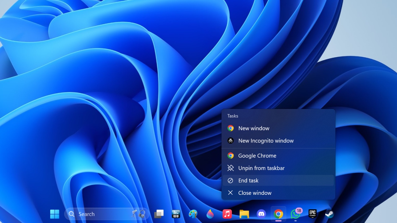 Screenshot of the Windows 11 desktop showing the End Task option in the taskbar