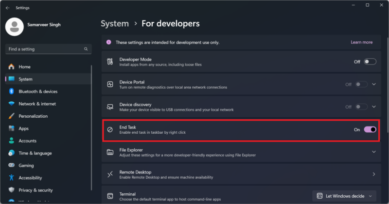 Screenshot of the Developer Settings open in Windows 11, highlighting the option to toggle End Task in taskbar.