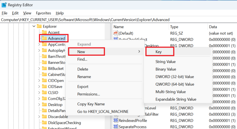 Screenshot of adding a new key to Windows Explorer's Registry Editor.