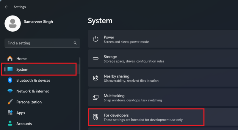 Screenshot of Windows Settings, showing Developer Options available.
