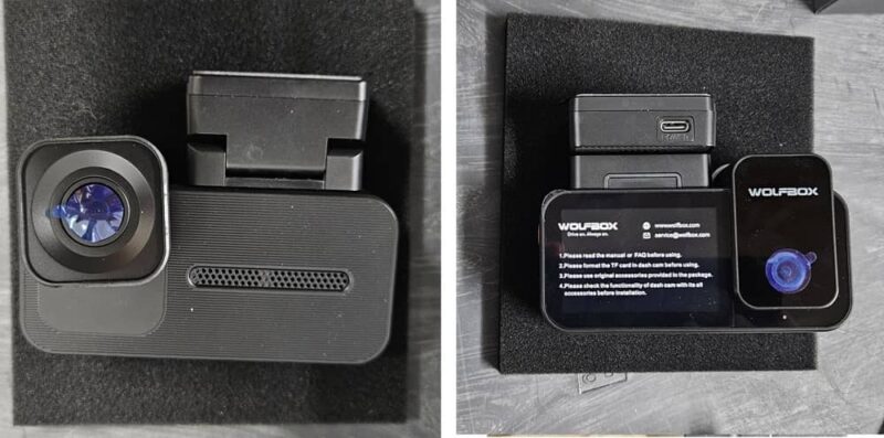 Front and back of Wolfbox dash cam.