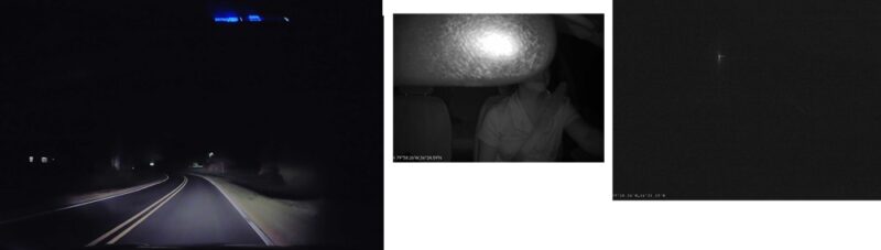 Front, interior, and rear cameras at night.