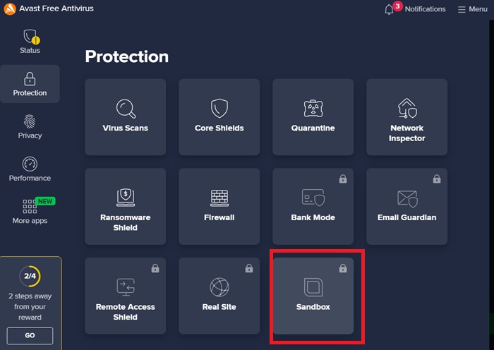 Sandboxing feature in Avast Antivirus solution.