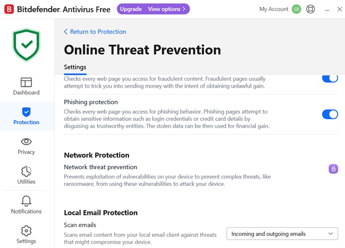 Web and email protection features in Bitdefender free antivirus.