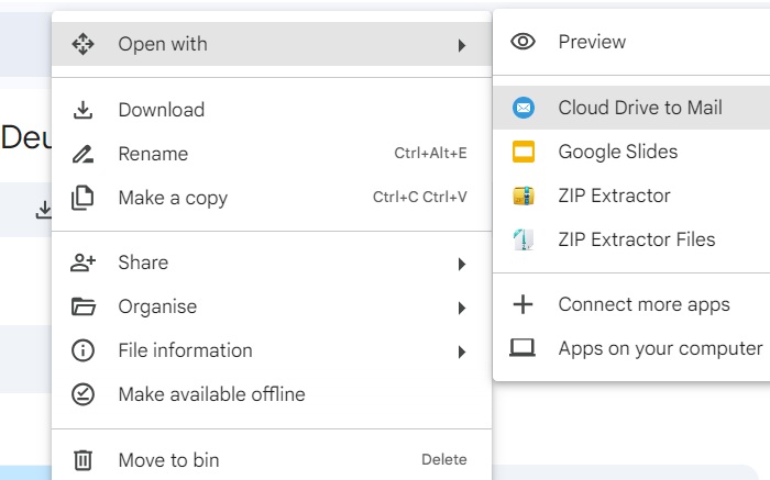 Using "Cloud Drive to Mail" application in Google Drive to send emails using Gmail.