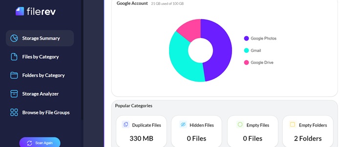 Using Filerev to analyze duplicate files, hidden files, and more in Google Drive.