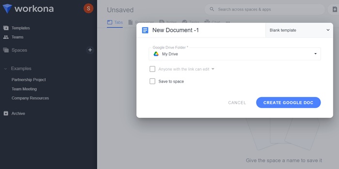 Using Workona to create and save a new Google Docs document in Google Drive folders.