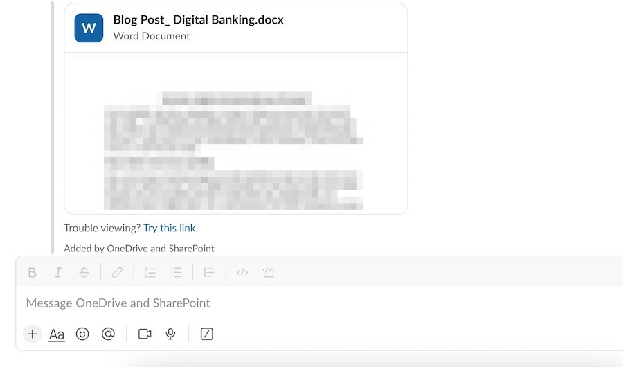 A document from OneDrive that has been shared in Slack and is now embedded there
