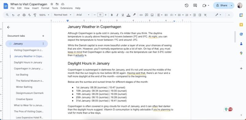 Different tabs in an eBook being created in Google Docs