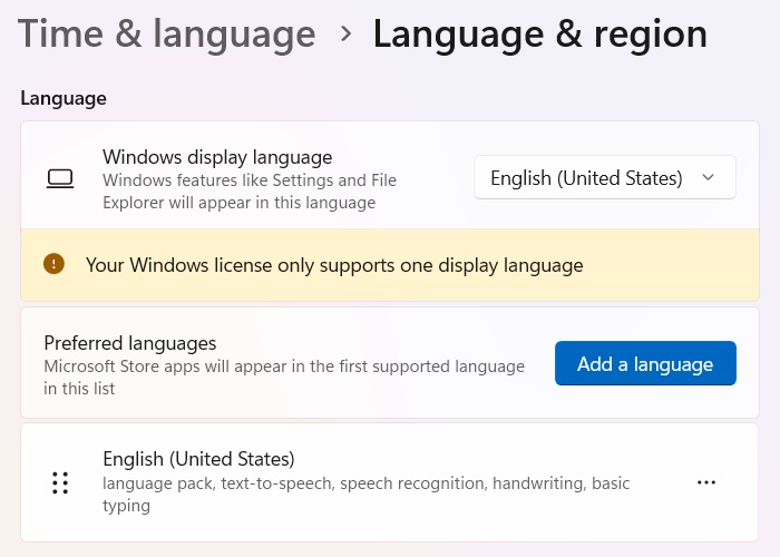 "Add a Language" button to add new language packs in Windows 11.