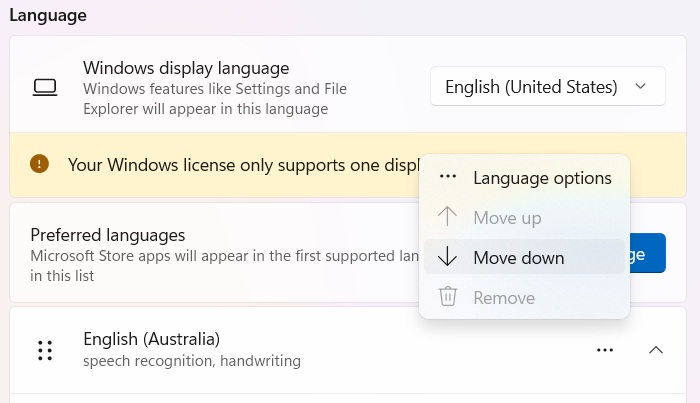 Using the "Move down" feature to pull a language to second place in Preferred languages.