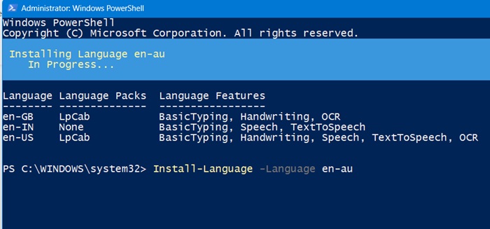 Installing Australian English in Windows using a PowerShell command.