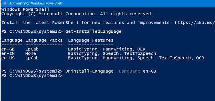 Uninstalling British English from Windows using the PowerShell method.