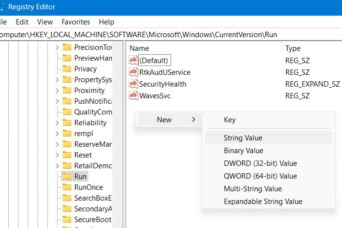 Adding a new String value to "Run" under Windows Current version.