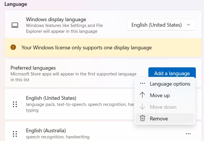 Remove the Australian English language pack from Settings.