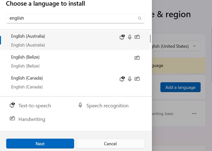 Selecting English (Australia) as a new language to be added to Windows.
