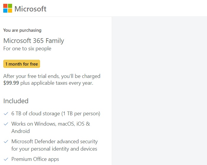 Microsoft 365 offering 6 TB of cloud storage in a family plan subscription.