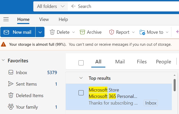 Outlook email storage capacity almost full requiring a Microsoft 365 subscription.