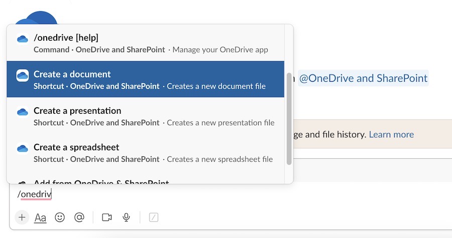 integrating onedrive and slack and adding documents