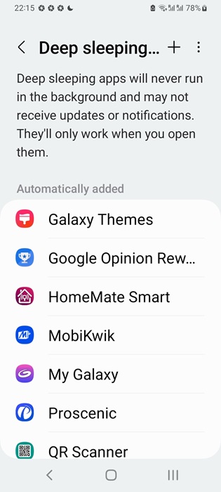 List of apps sent to deep sleeping mode on Android. 
