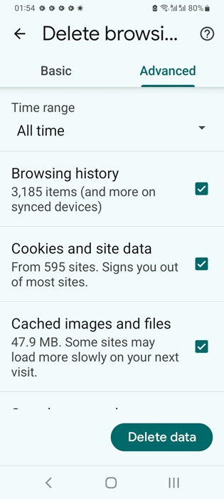 Deleting all-time browsing history for Google Chrome app on Android.