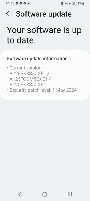 Up to date software update status on Android phone.