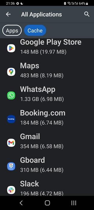 Apps in decreasing order of cache usage according to Storage Analyzer & Disk Usage app.