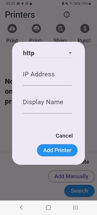 Adding a printer based on its network IP address in the "Cloud Print" Android app.