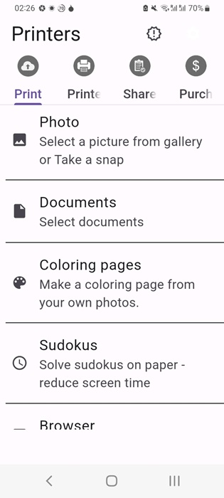 Select a document or photo for printing using Cloud Print app.