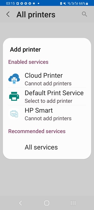 Adding a default print service on Android phone for a document.