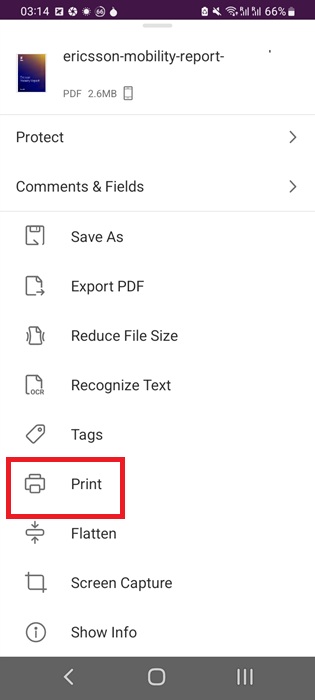 Default Print option visible on an Android phone's photos. documents, and others.