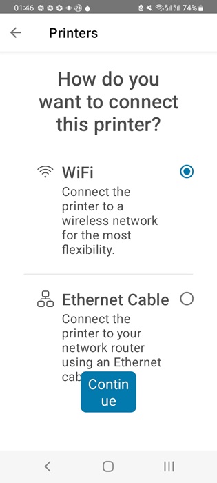 Wi-Fi and Ethernet cable as the connectivity options in HP Smart app for Android.