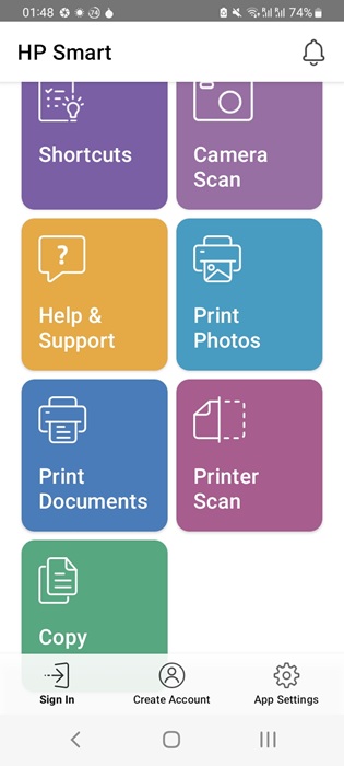 HP Smart Android app's print options such as "Print Photos" and "Print Documents"