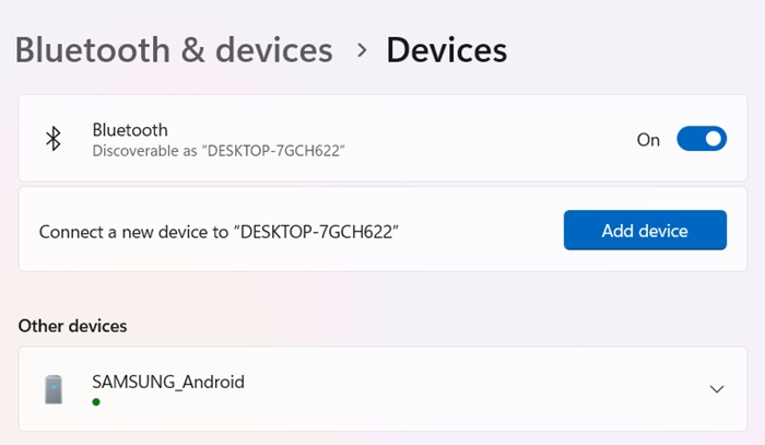 Android Samsung phone visible in "Bluetooth & Settings" on a Windows 11 device.